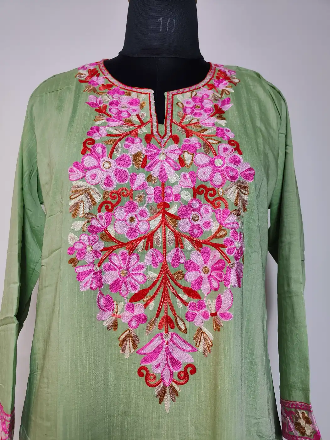 Eman Green Long Summer Cool Cotton Kurti Set with Aari Work - Image 2