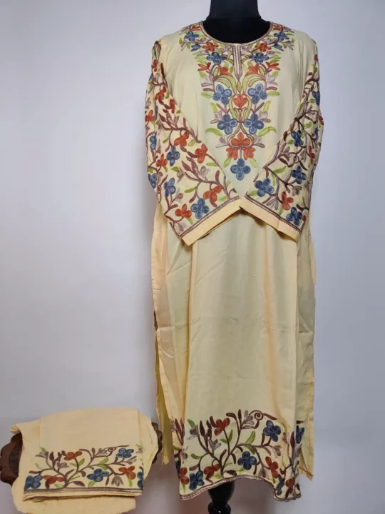 Pastel Yellow Long Summer Cool Cotton Kurti Set Mehr with Sleeve Aari Embroidery