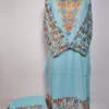 Hayat Long Summer Cool Cotton Blue Kurti Set with Sleeve Aari Work