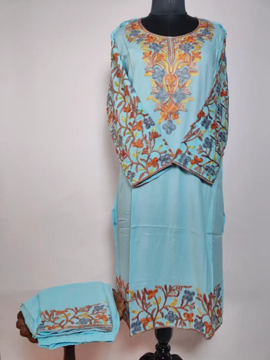 Hayat Long Summer Cool Cotton Blue Kurti Set with Sleeve Aari Work