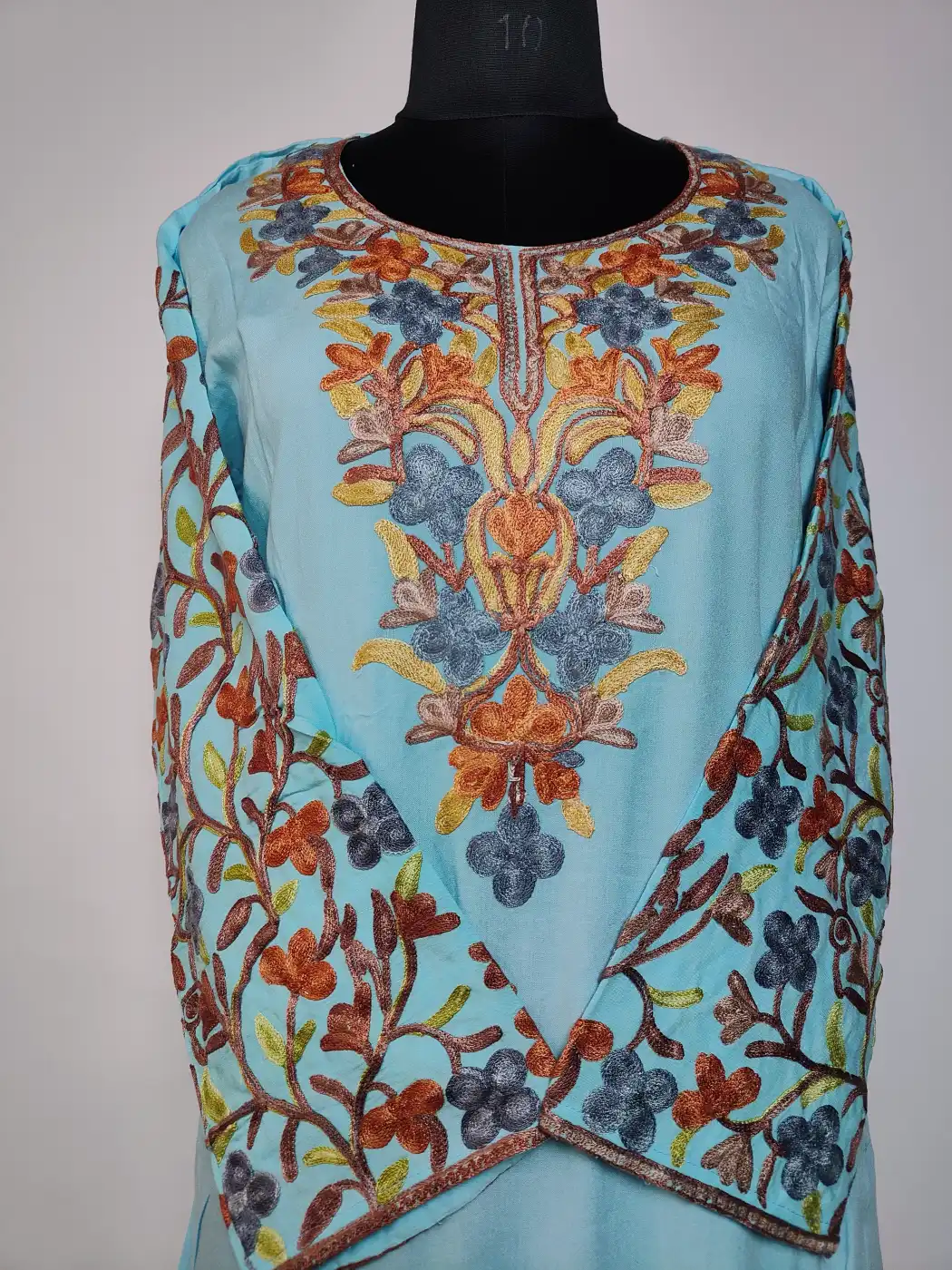 Hayat Long Summer Cool Cotton Blue Kurti Set with Sleeve Aari Work - Image 2