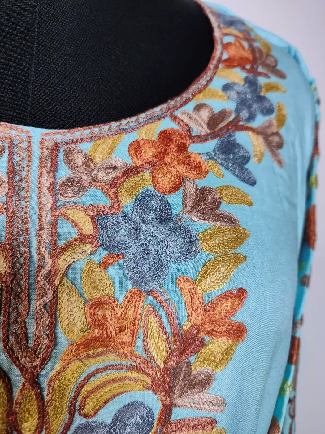 Hayat Long Summer Cool Cotton Blue Kurti Set with Sleeve Aari Work - Image 3