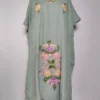 Hifazat Sea Green Long Crush Cotton Kaftan with Aari Embroidery