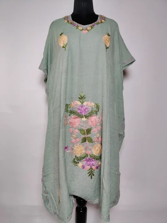 Hifazat Sea Green Long Crush Cotton Kaftan with Aari Embroidery