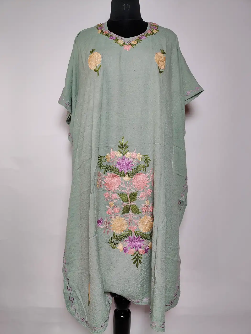 Hifazat Sea Green Long Crush Cotton Kaftan with Aari Embroidery