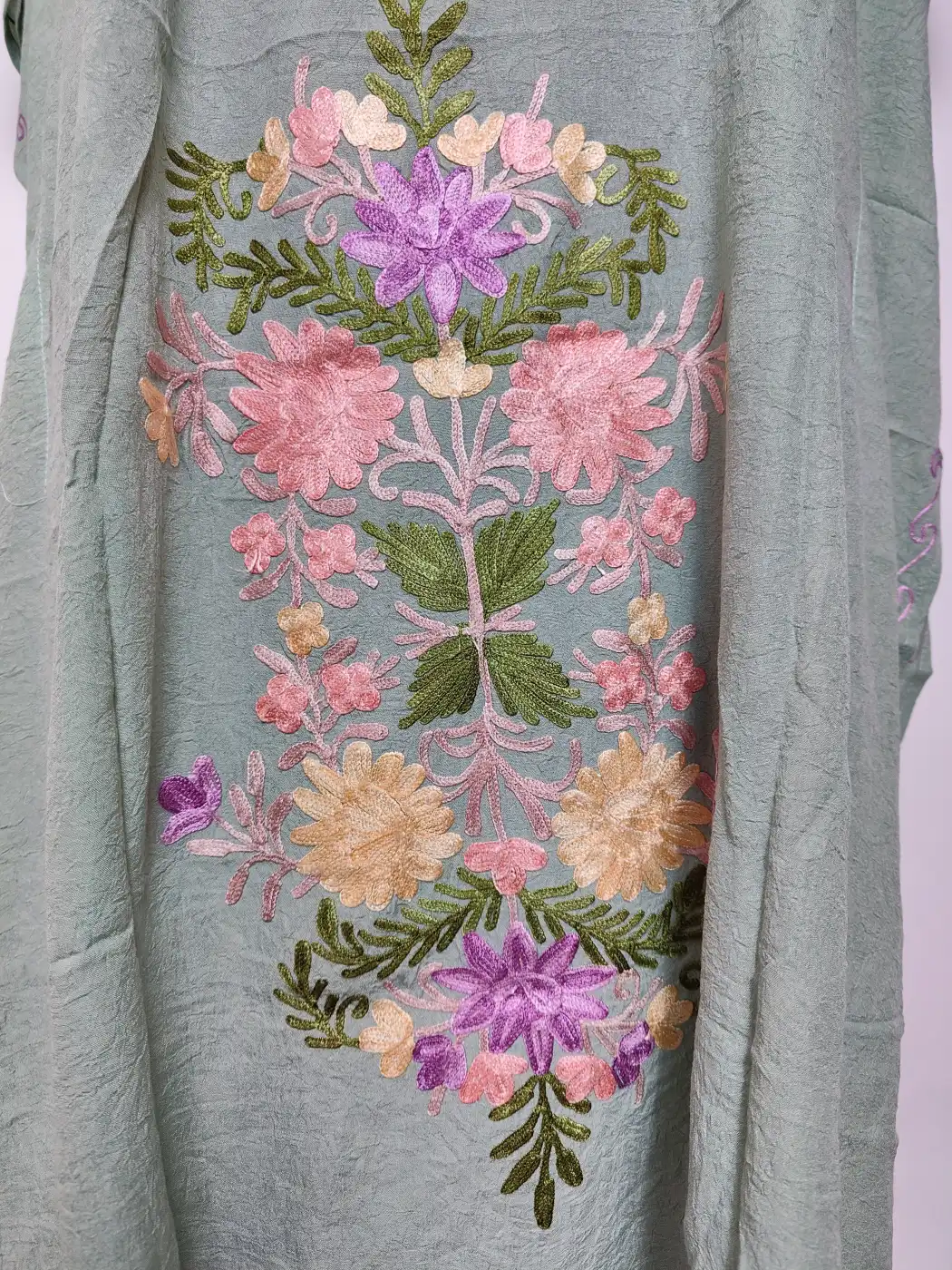 Hifazat Sea Green Long Crush Cotton Kaftan with Aari Embroidery - Image 2