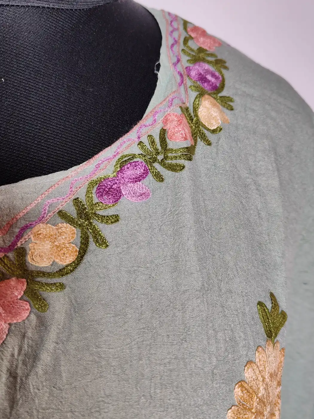 Hifazat Sea Green Long Crush Cotton Kaftan with Aari Embroidery - Image 3