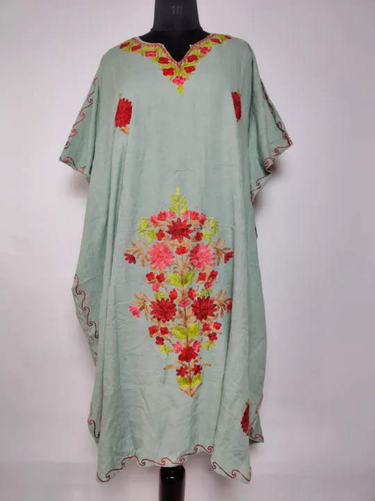 Sea Green Long Crush Cotton Kaftan with Aari Embroidery Gulrukh