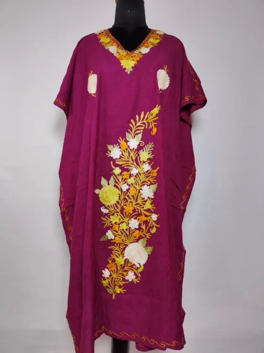 Purple Long Crush Cotton Kaftan with Lehar Aari Embroidery
