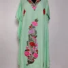 Zeba Parrot Green Long Crush Cotton Kaftan with Aari Embroidery