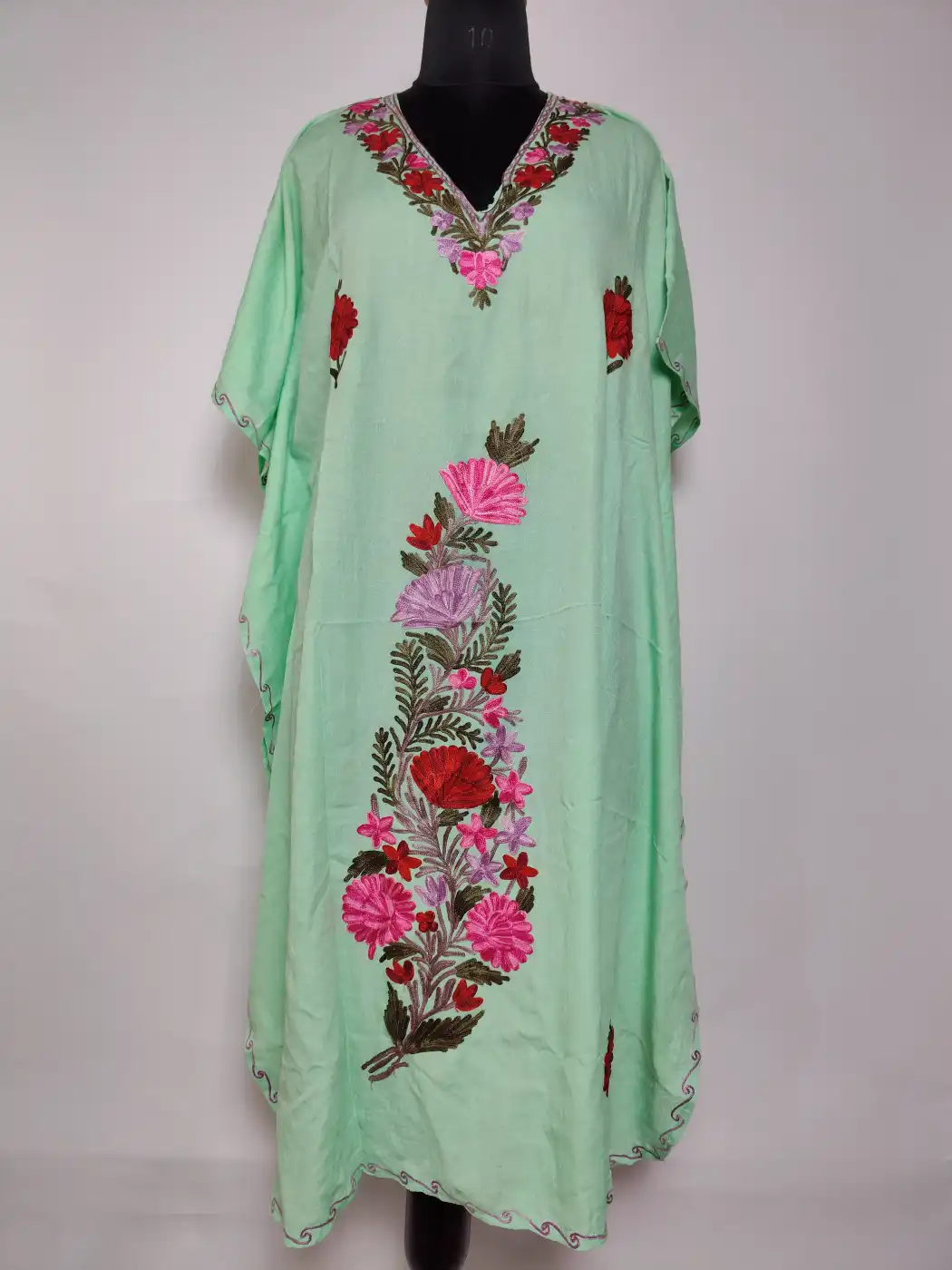 Zeba Parrot Green Long Crush Cotton Kaftan with Aari Embroidery
