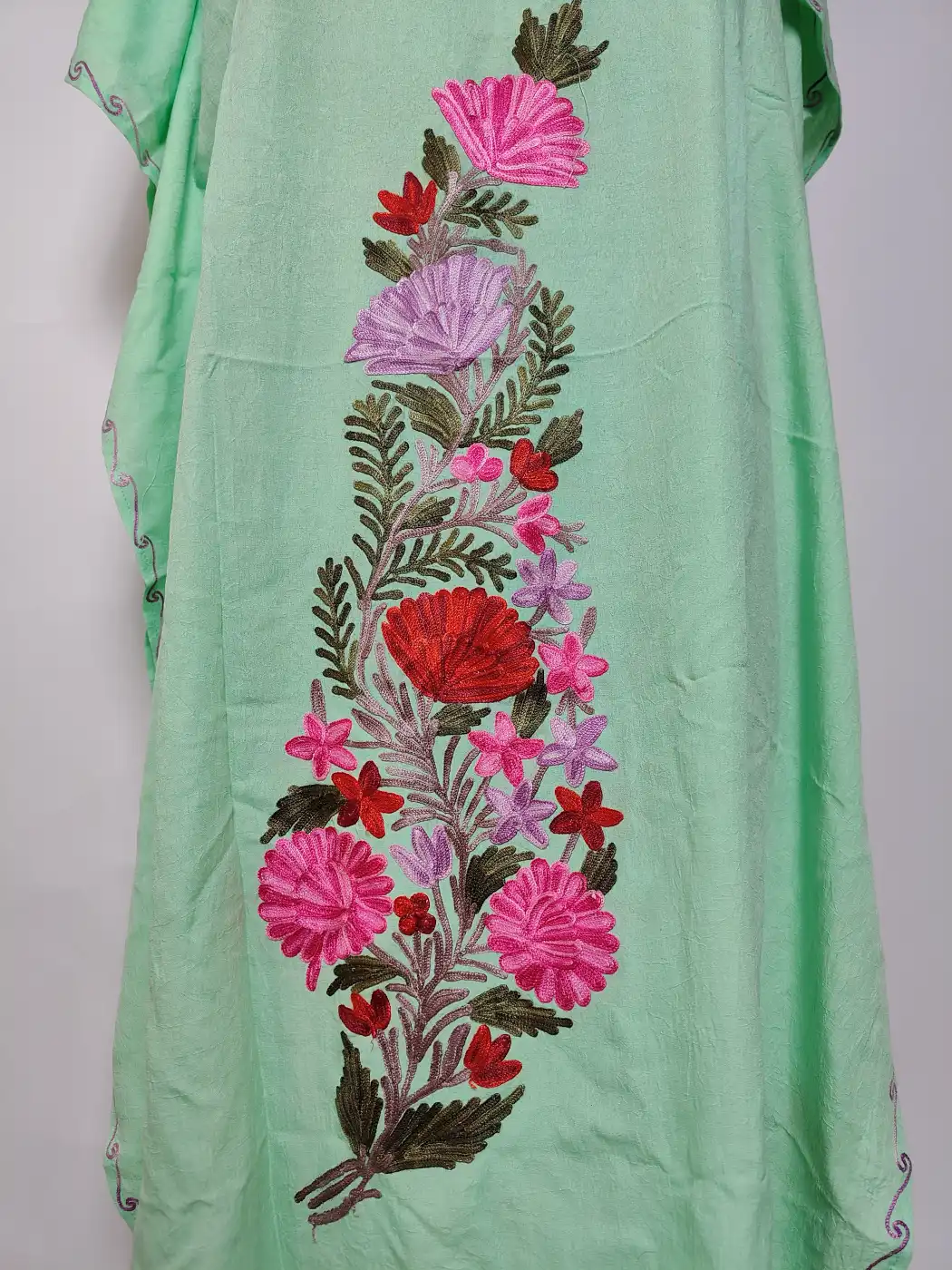 Zeba Parrot Green Long Crush Cotton Kaftan with Aari Embroidery - Image 2
