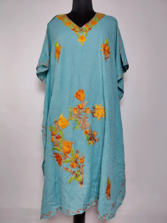 Long Crush Cotton Fiza Sky Blue Kaftan with Aari Embroidery