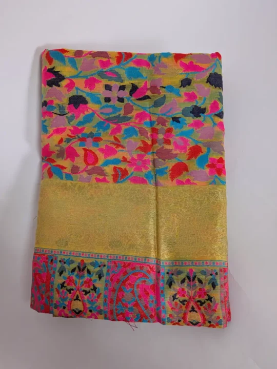 Mustard Cotton Silk Mehrunisa Kani Saree with Border Zari Embroidery