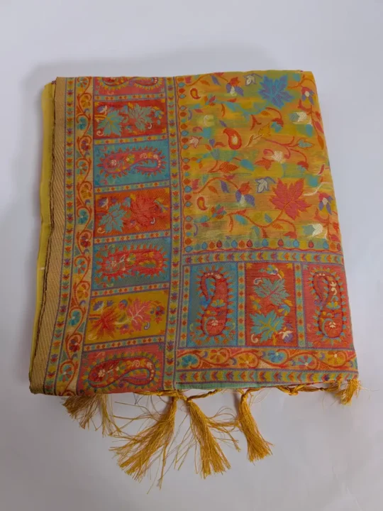 Cotton Silk Border Zari Embroidery Mustard Kani Saree | Rang-e-Chinar