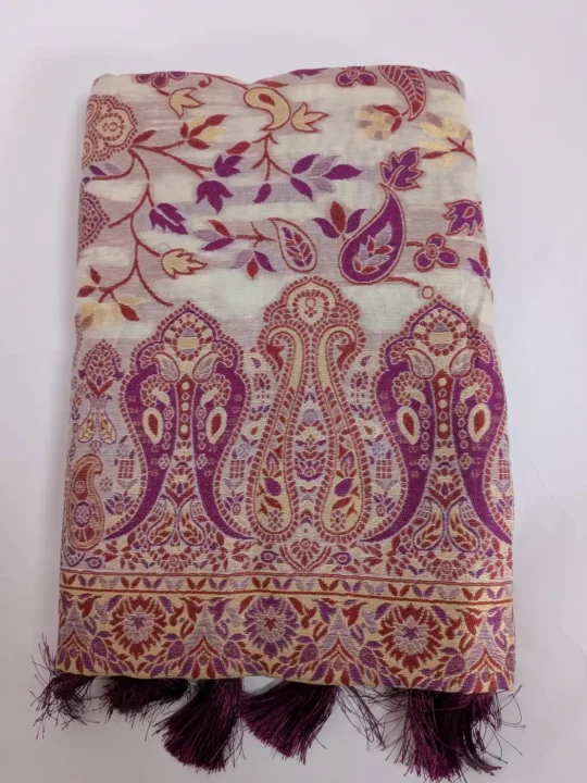 Cotton Silk Rang-e-Badaam Kani Saree Cream and Lavendar