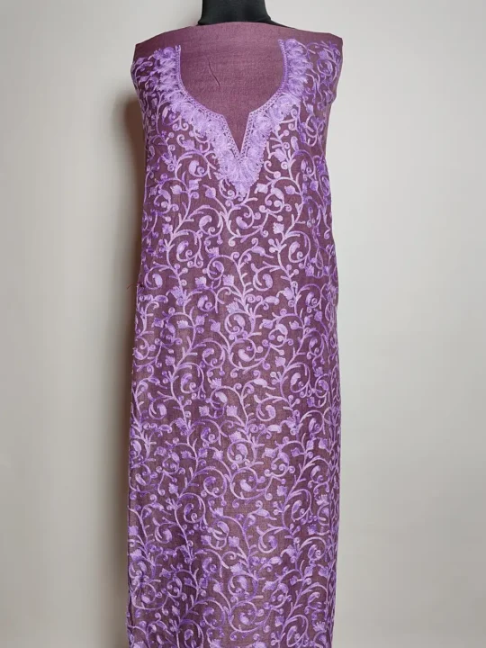 2pc Dewberry Purple Kashmiri Unstitched Suit Maha in Crush Cotton with Badaam All over Jaal Aari Work