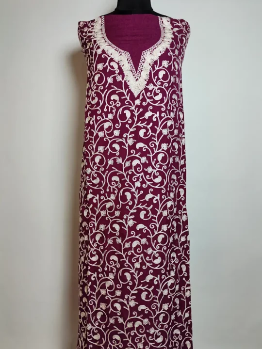 Magenta 2pc Kashmiri Unstiched Suit in Crush Cotton with Badam All over Jaal Aari Work Rehba