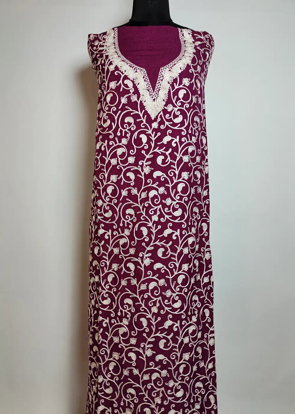 Magenta 2pc Kashmiri Unstiched Suit in Crush Cotton with Badam All over Jaal Aari Work Rehba