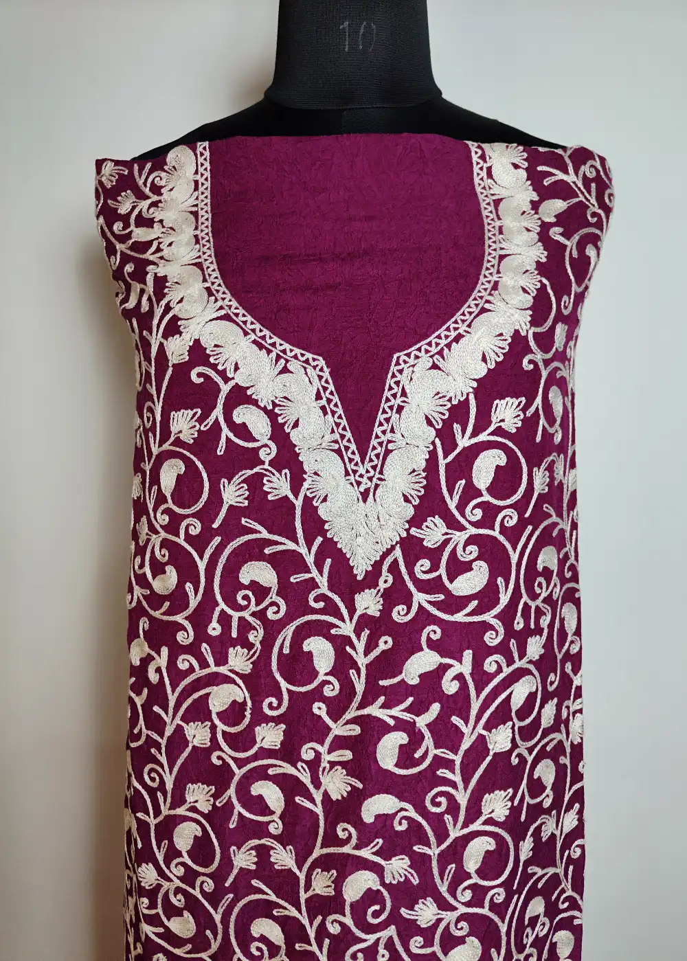 Magenta 2pc Kashmiri Unstiched Suit in Crush Cotton with Badam All over Jaal Aari Work Rehba - Image 2