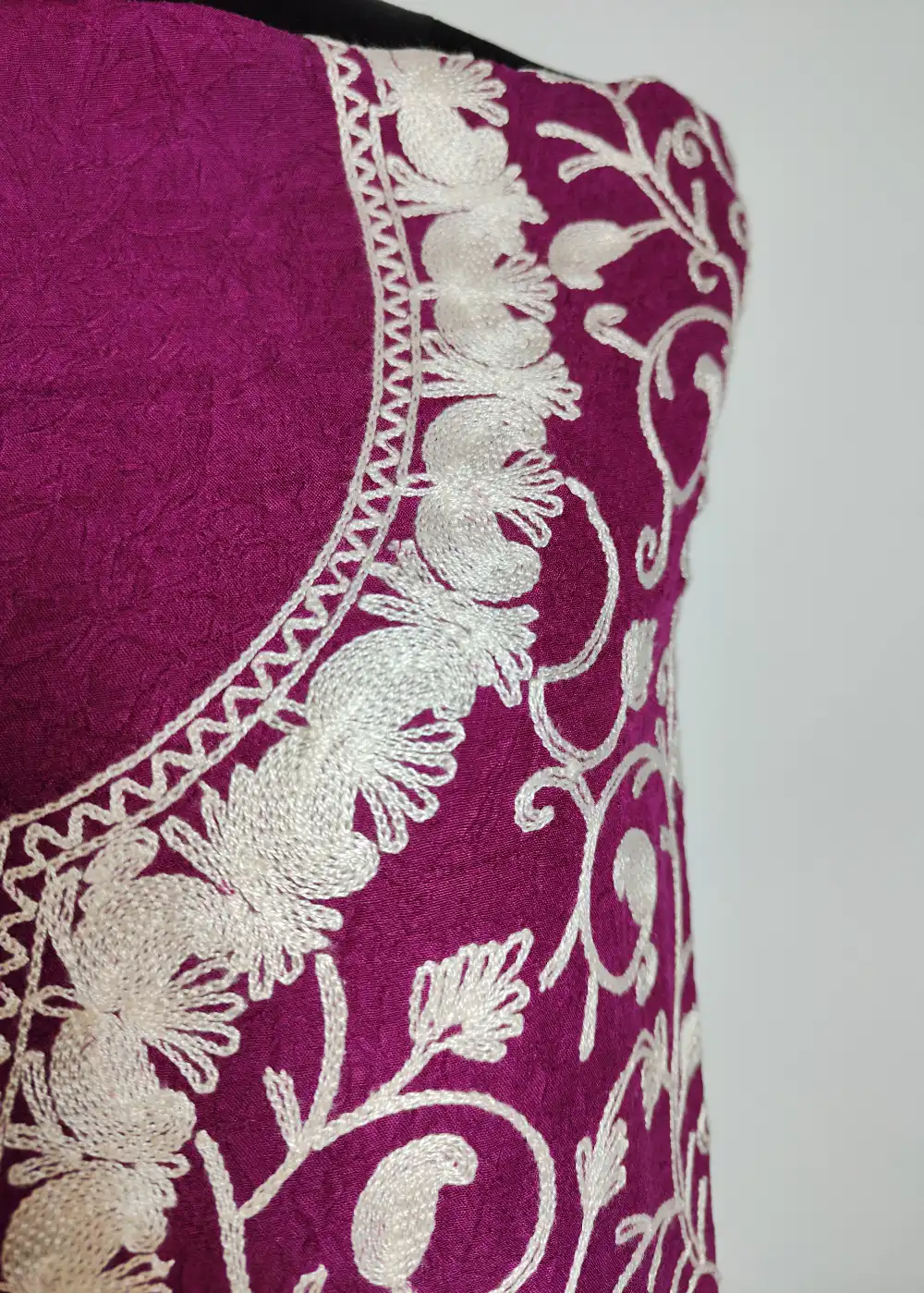 Magenta 2pc Kashmiri Unstiched Suit in Crush Cotton with Badam All over Jaal Aari Work Rehba - Image 3