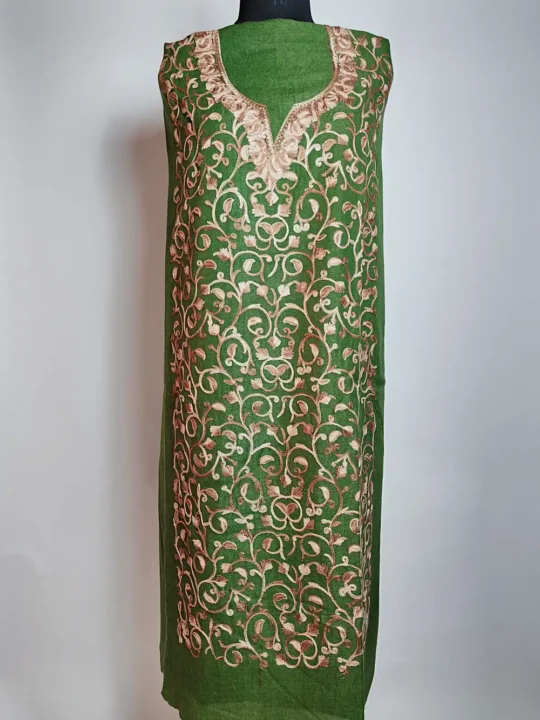 Green 2pc Salwar Kameez Suit in Crush Cotton with Badam All over Jaal Aari Embroidery Khushbu