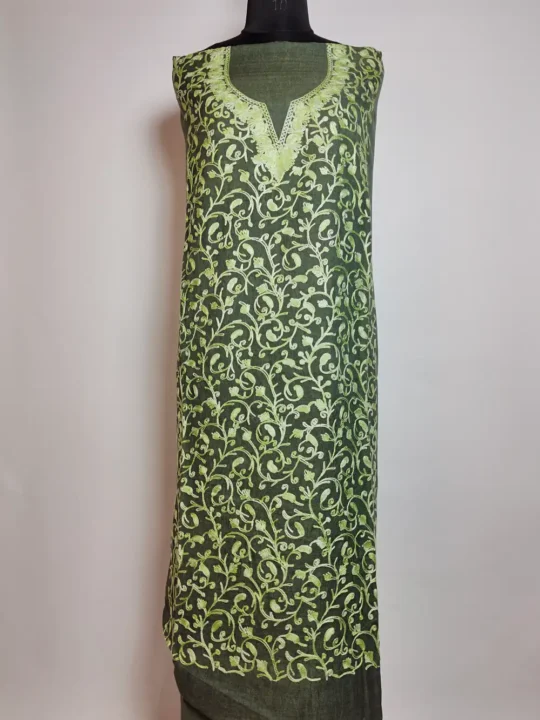 Kashmiri 2pc Green Kadhai Suit in Crush Cotton with Badam All over Jaal Aari Fiza