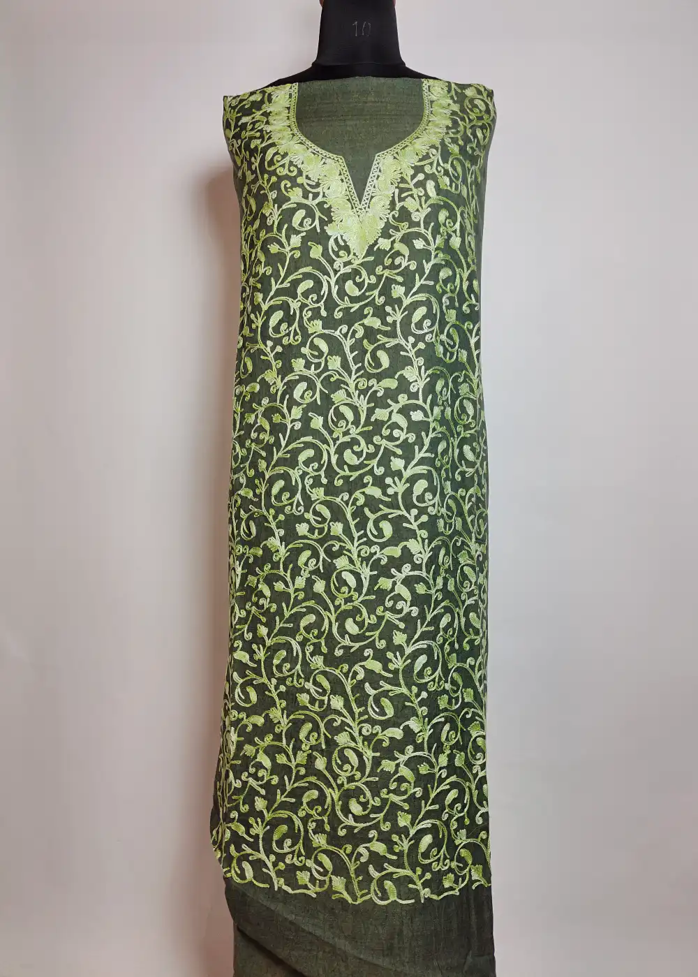 Kashmiri 2pc Green Kadhai Suit in Crush Cotton with Badam All over Jaal Aari Fiza