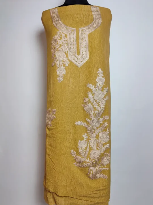 Kashmiri 2pc Mustard Designer Suit in Crush Cotton with Booti Aari Work Haniya