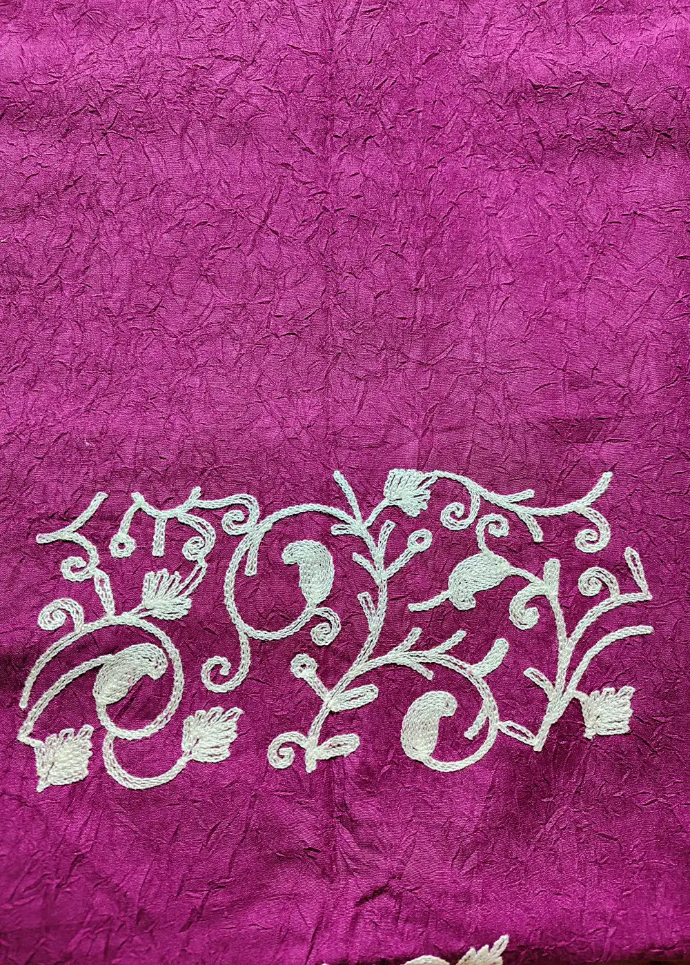 Magenta 2pc Kashmiri Unstiched Suit in Crush Cotton with Badam All over Jaal Aari Work Rehba - Image 4