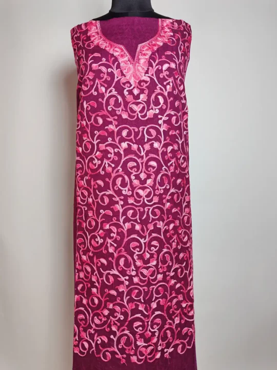 Haniya Magenta 2pc Suit Material with Badam All over Jaal Aari Embroidery in Crush Cotton