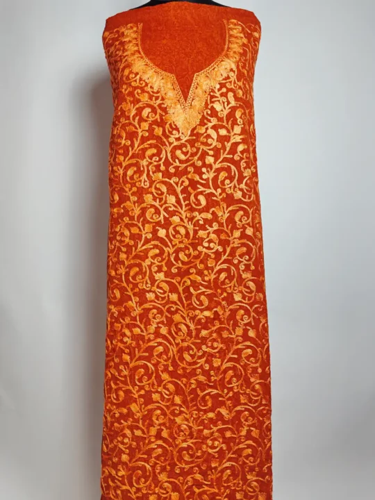 Rust Orange 2pc Suit Material with Badam All over Jaal Aari Embroidery in Crush Cotton Jannat