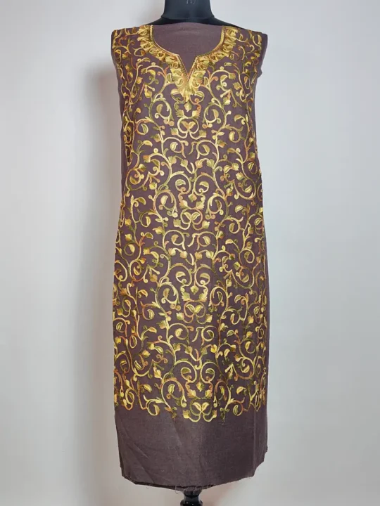 Bahar Dark Brown 2pc Kashmiri Work Suit in Crush Cotton with Badam All over Jaal Aari Work