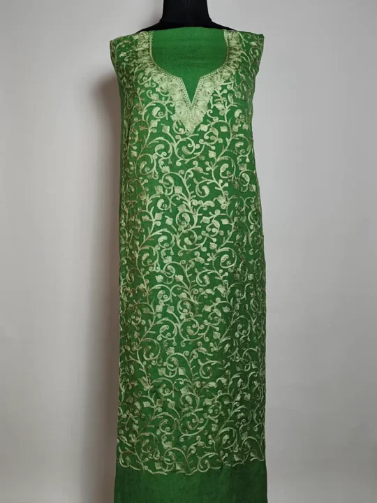 Kashmiri Green 2pc Suit Set Maha with Badam All over Jaal Aari Work in Crush Cotton