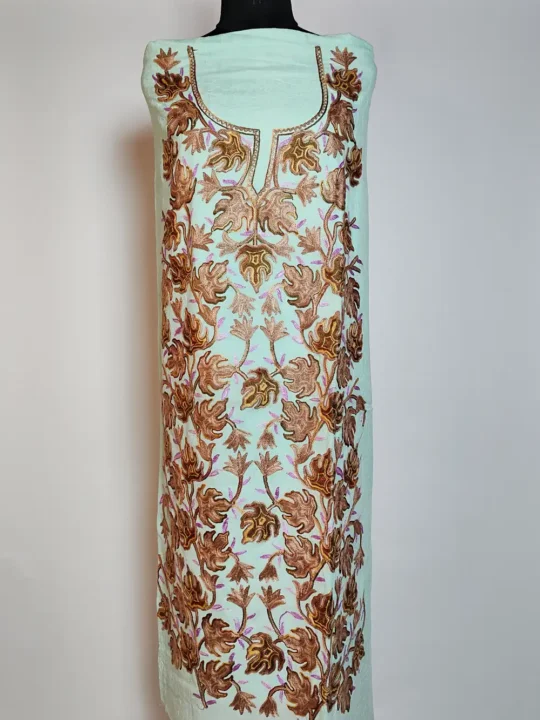 Pastel Green Afroz 2pc Kashmiri Work Suit in Crush Cotton with Chinari Aari Work All Over