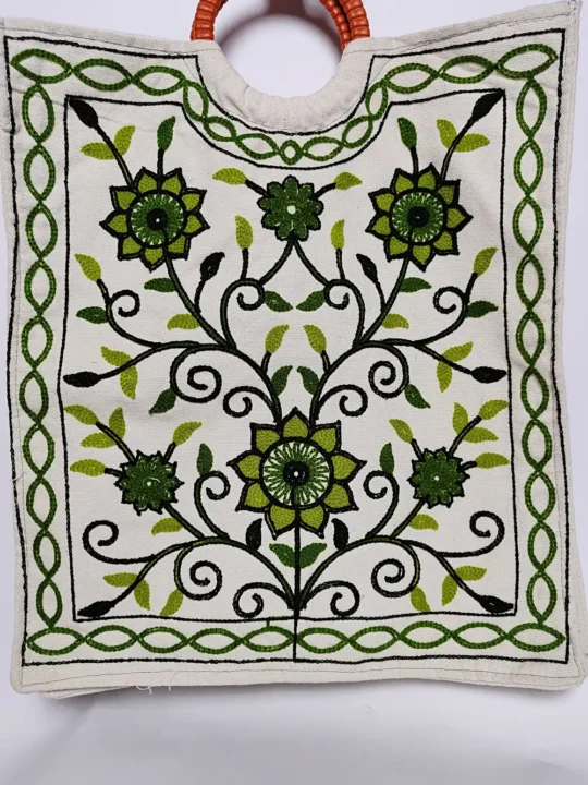 Kashmiri Fiza White Long Crewel Bag with Handle