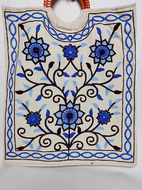 Kashmiri Qudrat White Long Crewel Bag with Handle