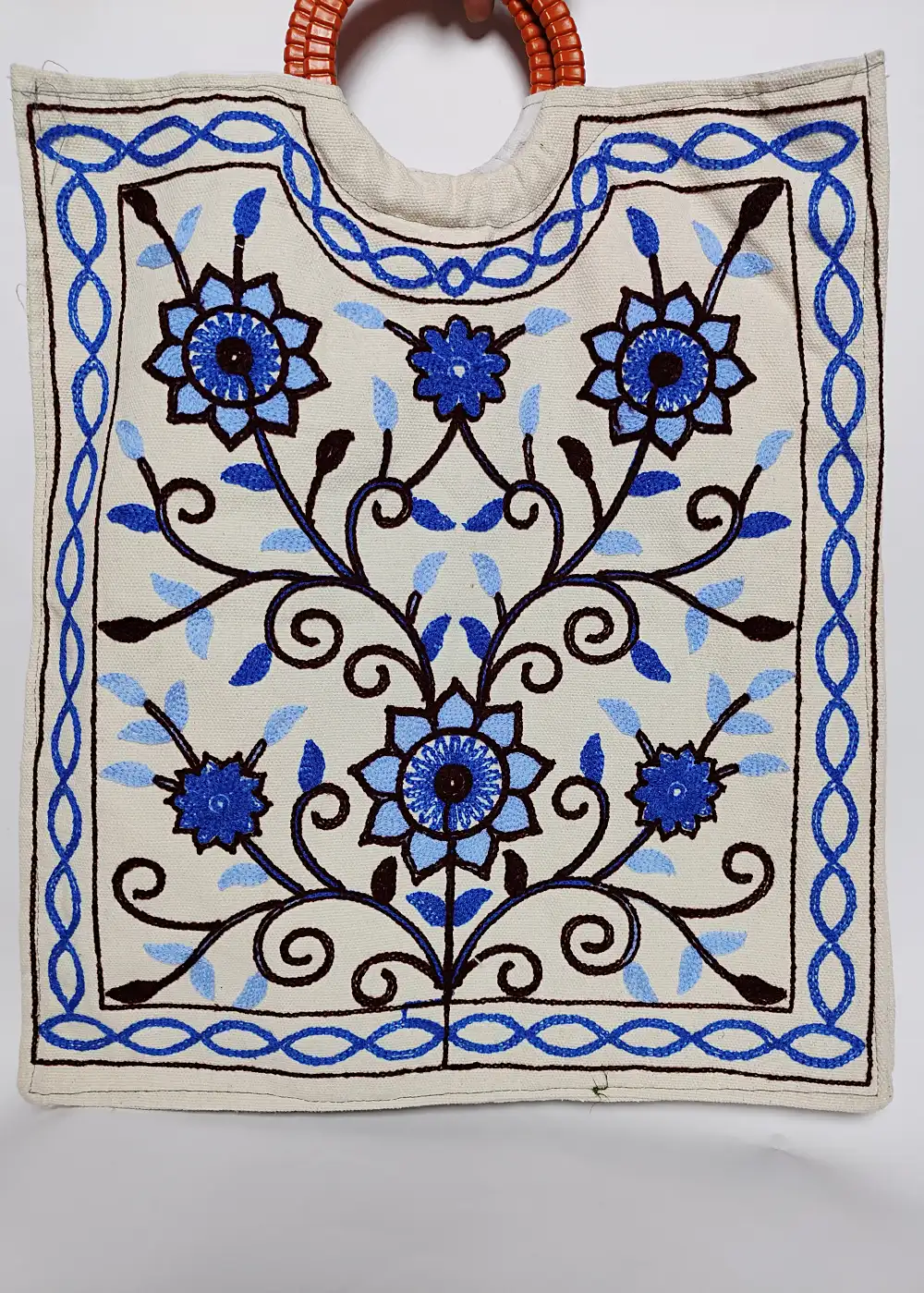 Kashmiri Qudrat White Long Crewel Bag with Handle