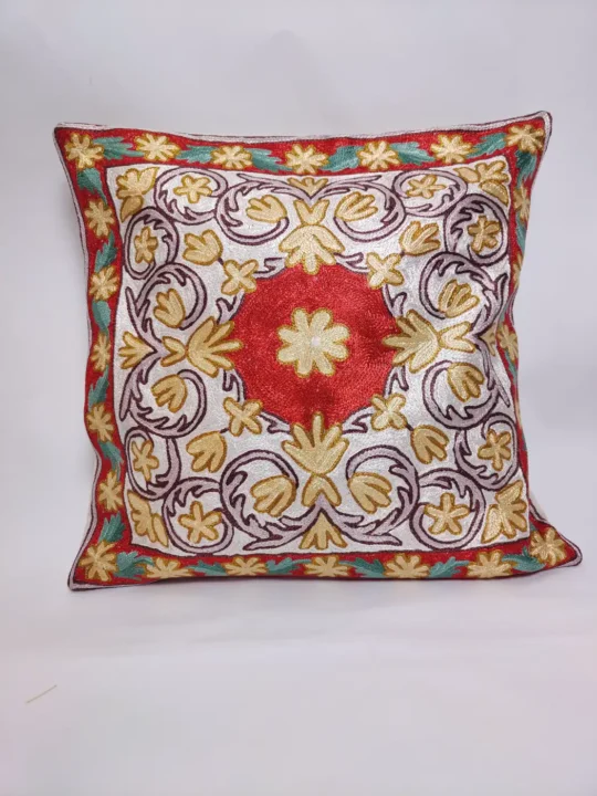 Bloom and Beauty - Pair of Kashmiri Cushion Covers  - Hand Chain Stitch | 16 x 16