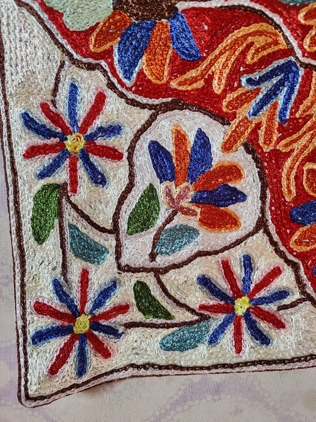 Set of 2 - Kashmiri Cushion Covers - Hand Chain Stitch | 16 x 16 - Blossom Heaven - Image 3