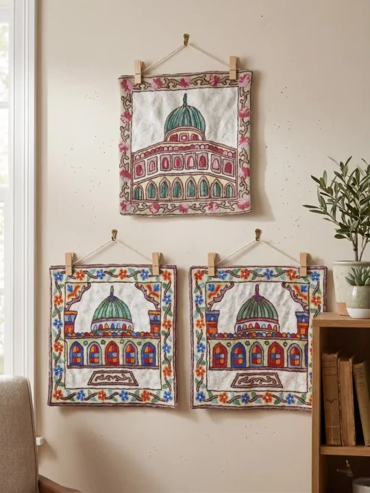 Wall Hanging with Silk Hand Chain Stitch Embroidery | Holy Masjid | Set of 3 - 1 ft