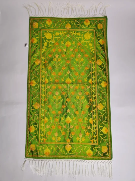 Prayer Mat in Green with Aari Embroidery from Kashmir (4 x2 ft)