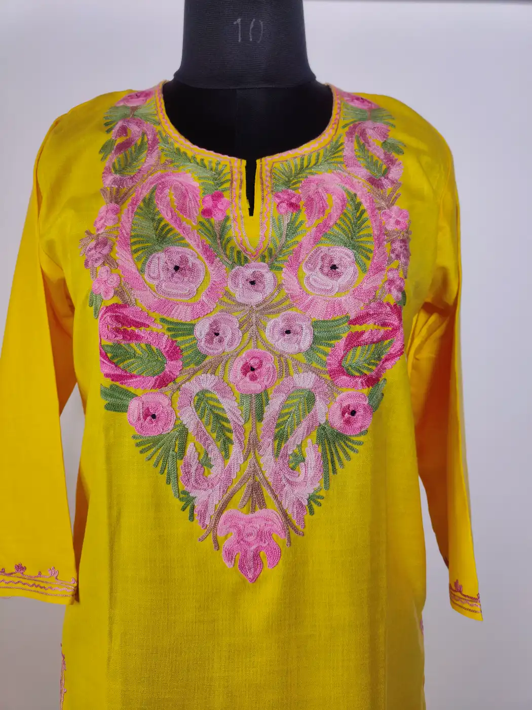 Long Yellow Kashmiri Pari Full Sleeve Cotton Kurti with Aari Embroidery - Image 2