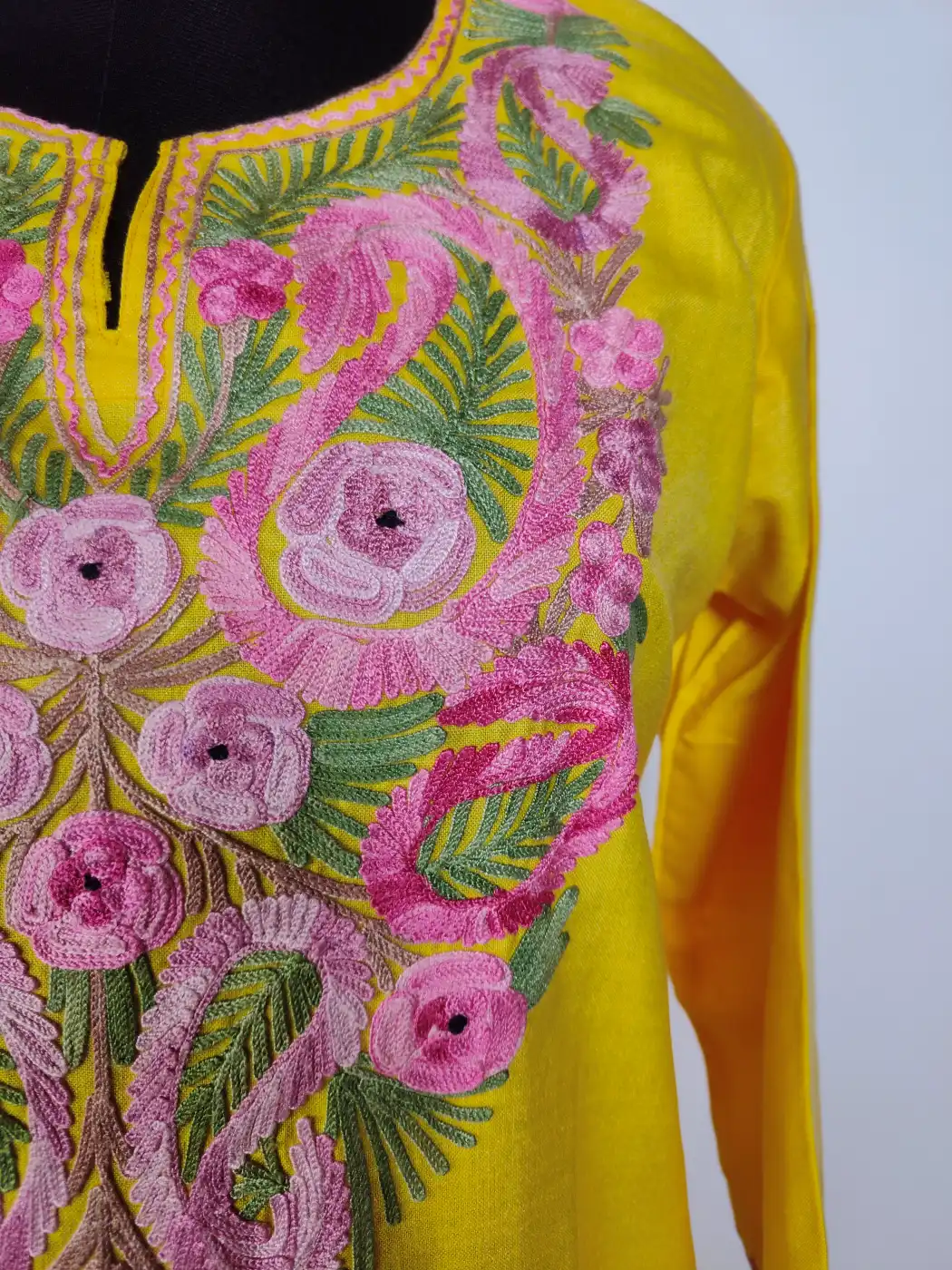 Long Yellow Kashmiri Pari Full Sleeve Cotton Kurti with Aari Embroidery - Image 3