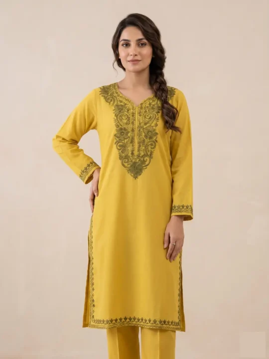 Mustard Summer Cool Cotton Sadaf Kurti | Kashmiri Aari Embroidery
