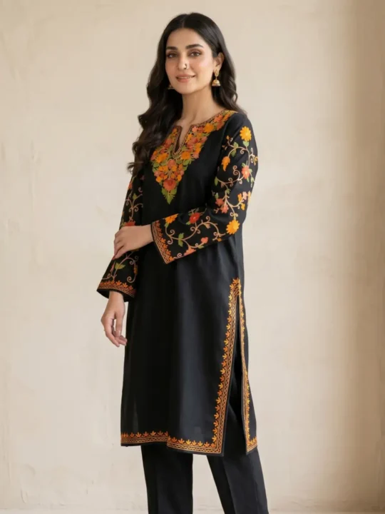 Black Long Ruby Cotton Nighat Kashmiri Kurti with Sleeve Aari Embroidery