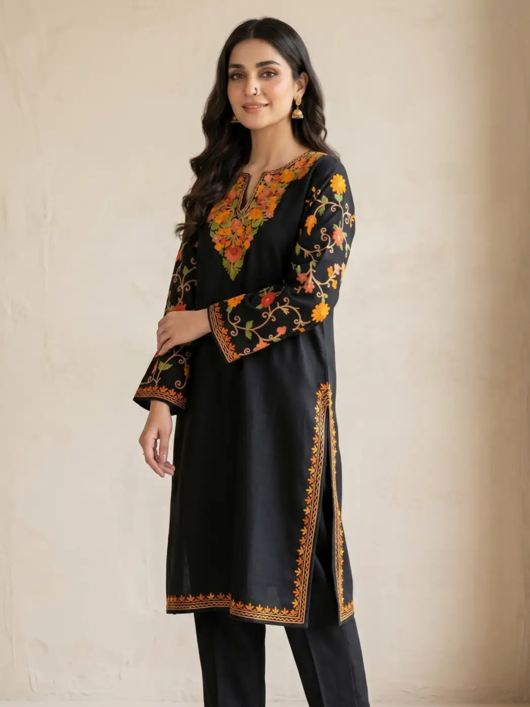 Black Long Ruby Cotton Nighat Kashmiri Kurti with Sleeve Aari Embroidery