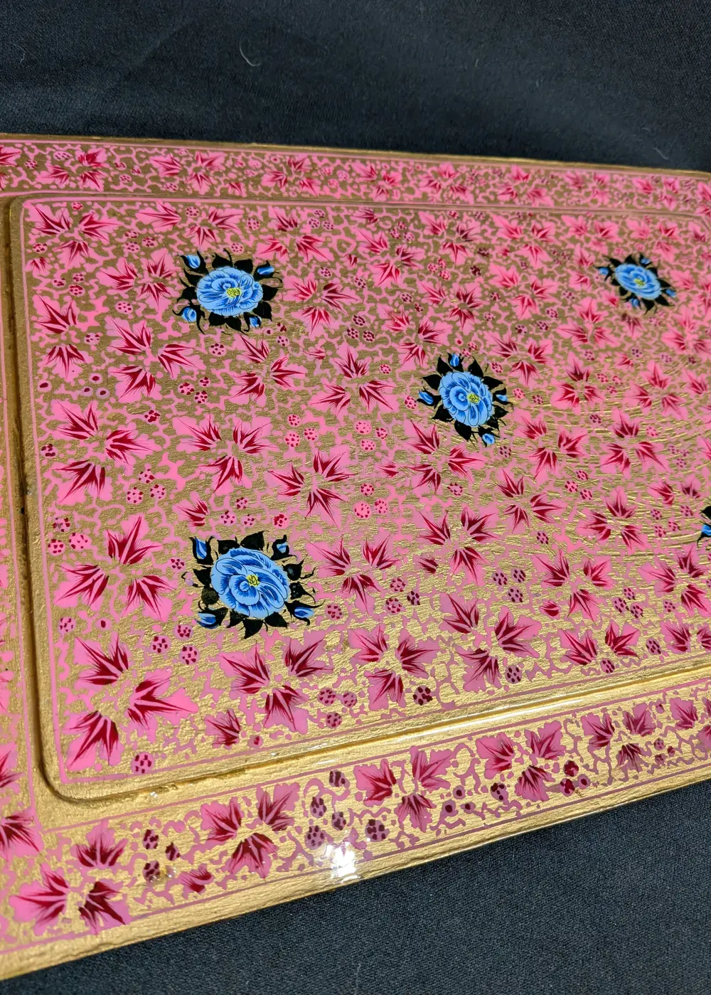 Aesthetic Dining Table Mat | Pink Hand-Painted Kashmiri Design Paper Mache Rectangle - Image 3