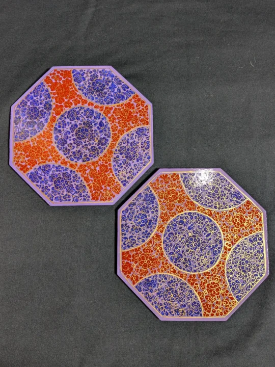 Hand-Painted Red and Purple Kashmiri Paper Mache Modern Table Mat-Set of 2