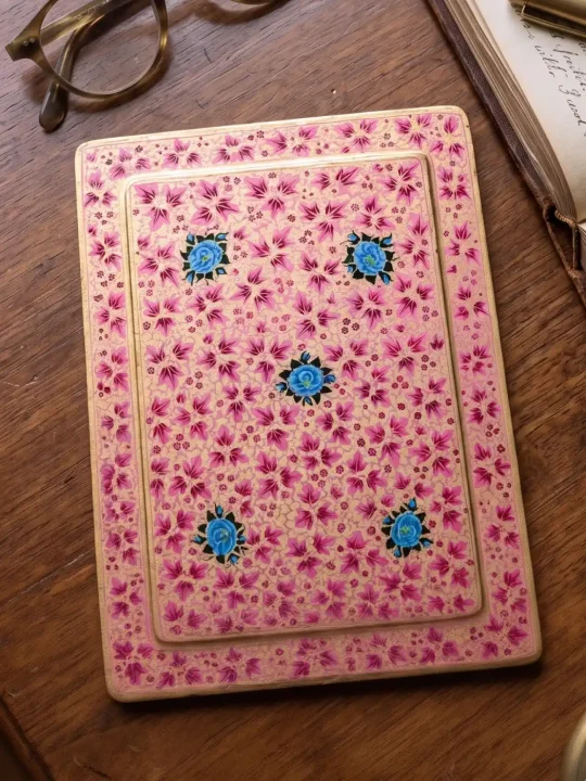 Aesthetic Dining Table Mat | Pink Hand-Painted Kashmiri Design Paper Mache Rectangle
